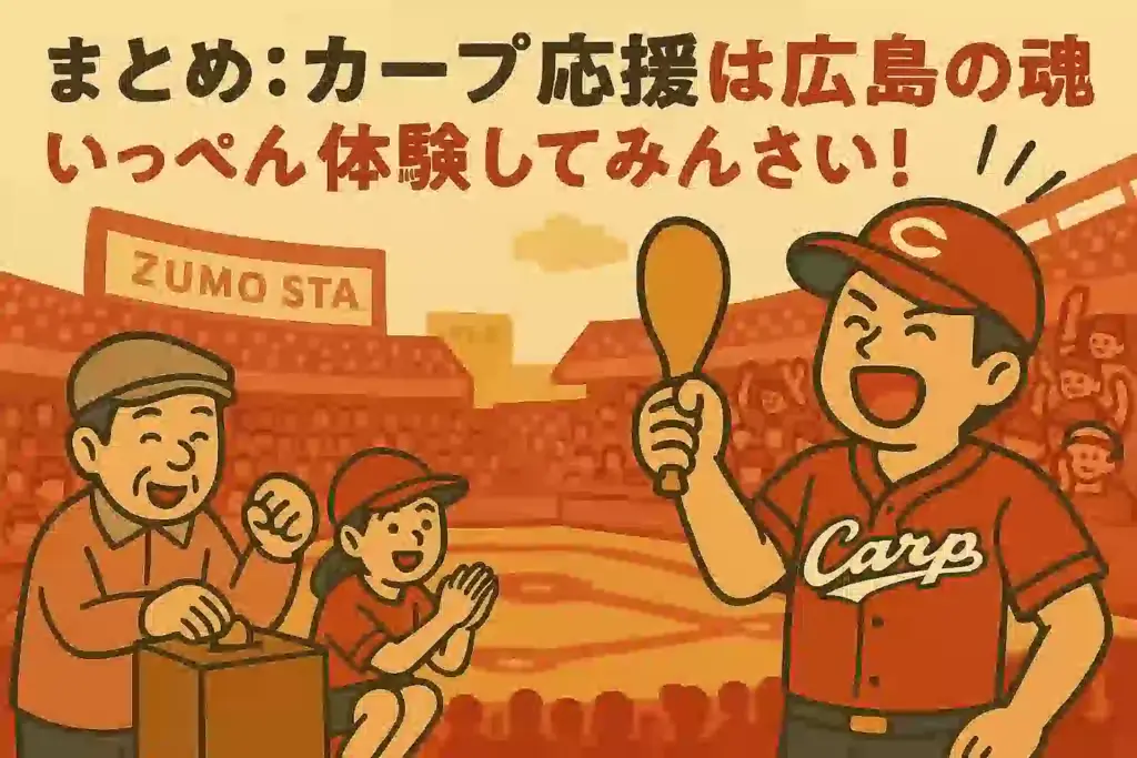 ズムスタでカープファンが応援を楽しむ様子を描いたイラストアイキャッチ画像