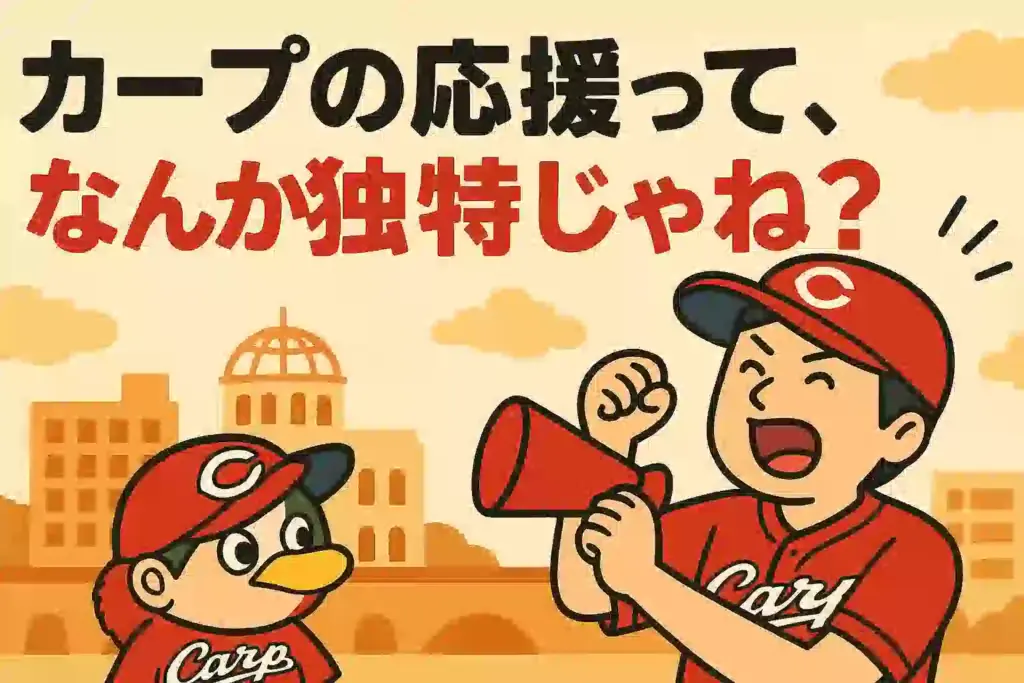 広島のカープ応援がユニークで熱狂的なことを伝えるタイトルイラスト