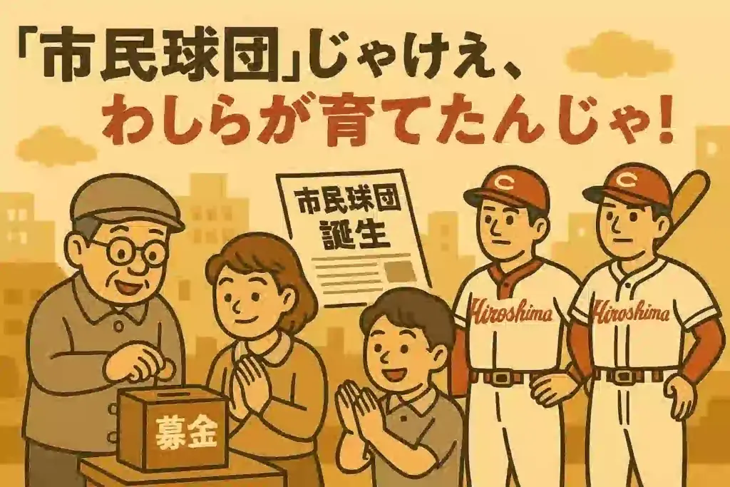 カープが市民球団として支えられてきた歴史を描いたイラストアイキャッチ画像