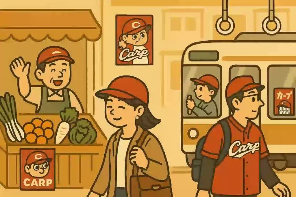 広島の日常にカープ応援が溶け込んだ風景を描いたイラストアイキャッチ画像