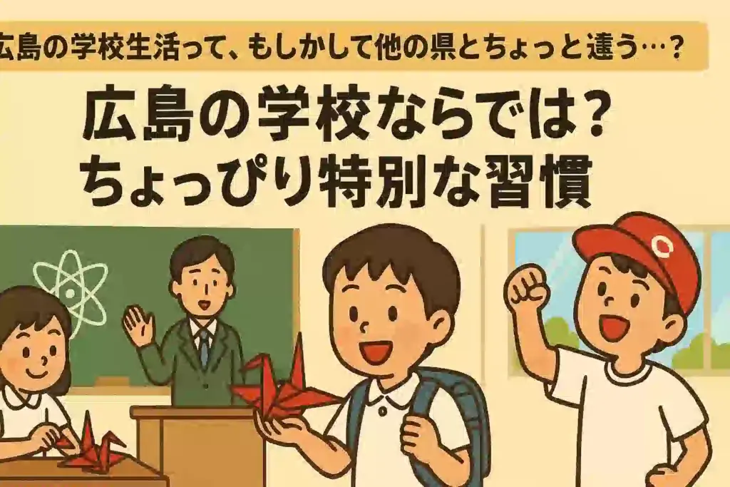 広島の学校での特別な習慣を表す折り鶴やカープ帽の子どもたちのイラストアイキャッチ画像。