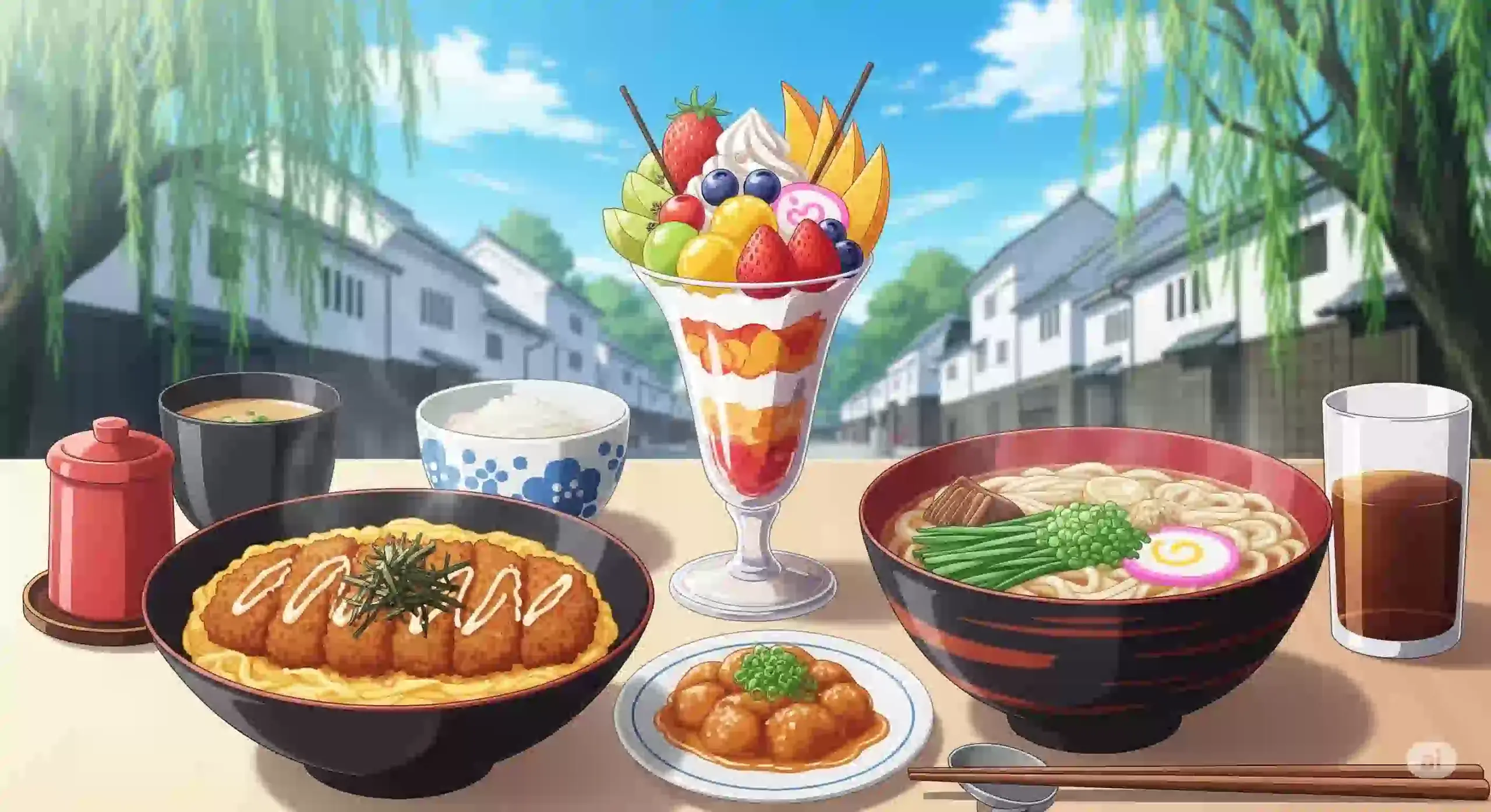 岡山グルメのデミカツ丼、フルーツパフェ、ホルモンうどんがテーブルに並んでいるアニメ風のイラスト。背景には倉敷美観地区の風景が描かれている。