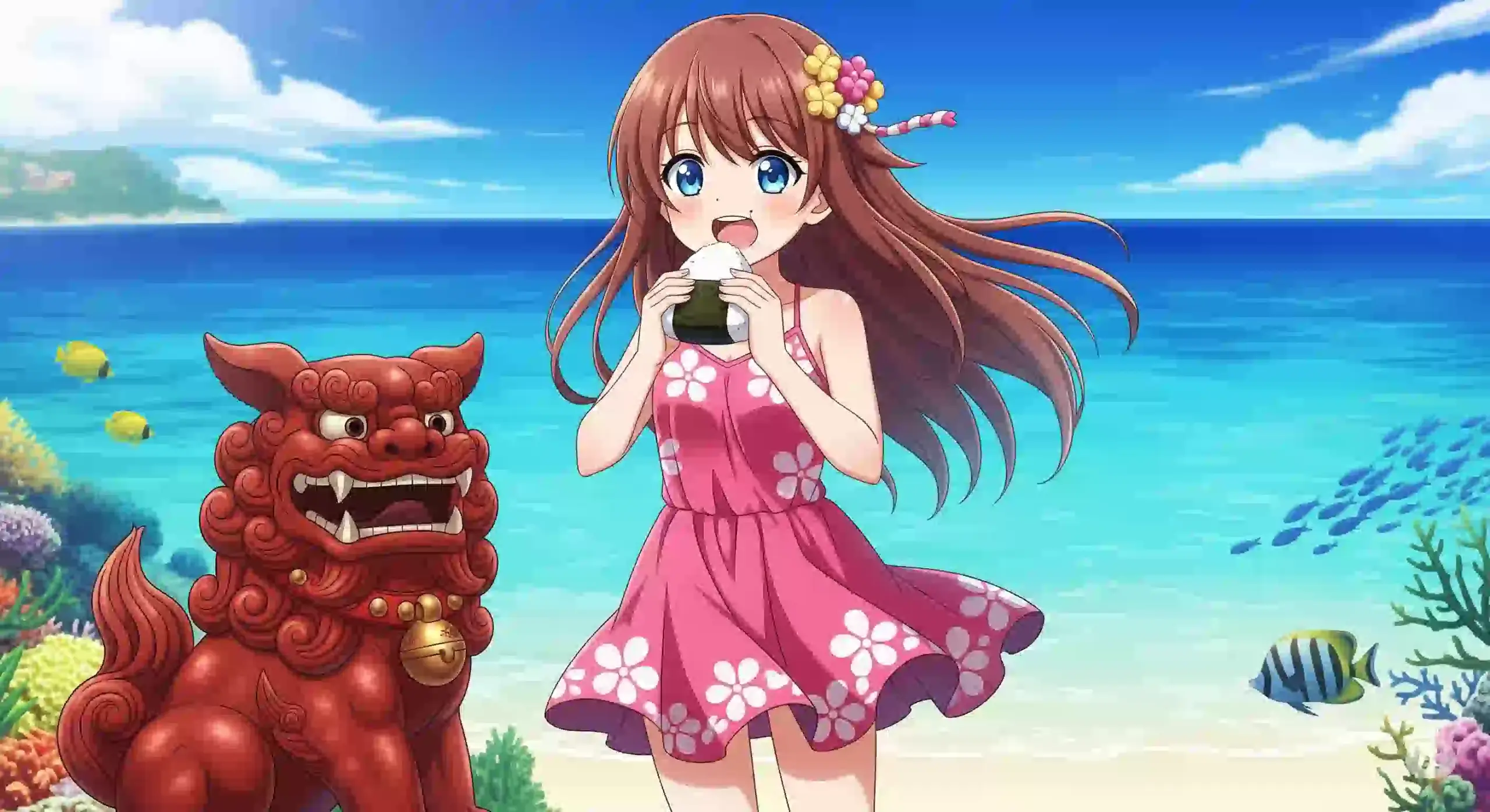 アニメ風のイラスト。沖縄の美しい海を背景に、シーサーの置物の横で、楽しそうにポークたまごおにぎりを食べる女性。